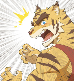 5_fingers anthro blue_eyes blush bodily_fluids brown_body brown_fur brown_stripes clothing countershade_face countershade_fur countershade_hands countershading dipstick_ears ear_markings eyebrows fingers focus_lines fur male multicolored_body multicolored_ears multicolored_fur muscular muscular_anthro muscular_male open_mouth pink_nose radial_speed_lines red_clothing red_shirt red_tank_top red_topwear sharp_teeth shirt simple_background solo speed_lines striped_body striped_fur stripes sweat sweatdrop tan_body tan_countershading tan_fur tank_top teeth thick_eyebrows topwear white_background yellow_body yellow_fur voitman2024 morenatsu torahiko_ooshima felid mammal pantherine tiger 2026 hi_res