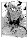 anthro beard black_clothing black_shirt black_topwear clothing eyewear facial_hair glasses hair halftone halftone_dots halftone_shading hoodie horn looking_at_viewer male muscular muscular_male neck_tuft pecs shirt sideburns solo topwear tuft white_hair sawch_cls lifewonders tokyo_afterschool_summoners bigfoot_(tas) bovid bovine cattle mammal absurd_res black_and_white hi_res monochrome