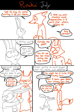 5_panel_comic anthro clothed clothing collared_shirt color_coded color_coded_speech_bubble dialogue duo eye_contact female fully_clothed hands_on_hips larger_male linked_speech_bubble looking_at_another male punching_air shirt simple_background size_difference smaller_female speech_bubble standing tail text title topwear white_background the_weaver disney zootopia judy_hopps nick_wilde canid canine fox lagomorph leporid mammal rabbit red_fox true_fox 2025 3:4 colored_line_art comic digital_drawing_(artwork) digital_media_(artwork) english_text hi_res