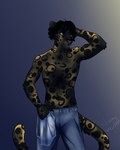 alternate_species anthro black_body black_fur black_hair blue_bottomwear blue_clothing blue_pants bottomwear brown_eyes clothing fur furrification gradient_background hair hand_behind_head holding_object holding_towel male markings melanistic navel nipples pants pants_only short_hair simple_background snout solo spots spotted_body spotted_fur standing tail towel whiskers white_whiskers yellow_body yellow_fur chorny_vasiliok the_hunger_games sejanus_plinth felid jaguar mammal pantherine 2024 4:5 digital_drawing_(artwork) digital_media_(artwork) half-length_portrait hi_res portrait