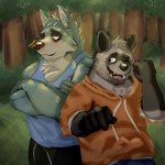 anthro black_nose blush bottomwear clothed clothing detailed_background duo hoodie humanoid_hands male male/male one_eye_closed outside pants plant shirt topwear tree nimbysan password_(visual_novel) dave_(password) tyson_(password) canid canine canis hyena mammal striped_hyena wolf 1:1 2021 hi_res