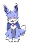 ambiguous_gender blue_body blue_fur cape chest_tuft clothing eyebrows feral fluffy fluffy_tail fur gem multicolored_ears red_eyes sitting sitting_on_ground solo tail toony tuft two_tone_ears white_back white_eyebrows white_paws maikunii palworld pocketpair canid canine fox mammal nox_(pal) pal_(species) 2:3 hi_res