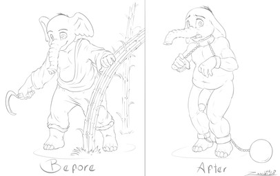 anthro balls before_and_after bound chain chained exposed farmer genitals male nude paquiderm penis prisoner proboscis_(anatomy) slave solo trunk_(anatomy) young young_anthro young_male zooshi elephant elephantid mammal proboscidean hi_res monochrome sketch
