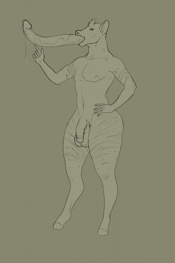 anthro balls bodily_fluids circumcised erection flaccid genital_fluids genitals hooves horn humanoid_genitalia humanoid_penis long_penis male nude ossicone penis penis_tongue precum solo standing unguligrade unusual_anatomy unusual_genitalia_placement unusual_penis_placement morguntheorc giraffid mammal okapi 2021 digital_media_(artwork) hi_res model_sheet