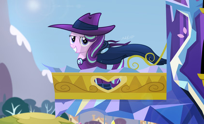 balcony blue_eyes cape clothed clothing costume crystal female feral fur hair hat headgear headwear horn landscape looking_at_viewer mountain multicolored_hair outside pink_body pink_fur plant sky smile solo sun tree two_tone_hair shutterflyeqd friendship_is_magic hasbro my_little_pony mythology starlight_glimmer_(mlp) equid equine mammal mythological_creature mythological_equine unicorn 2016 absurd_res hi_res