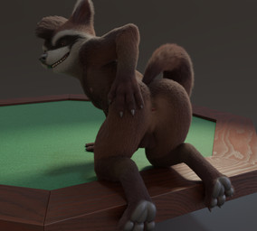 all_fours anthro anus backsack balls brown_body brown_fur butt feet fingers fur furniture genitals hand_on_butt looking_at_viewer looking_back male nipples nude on_table presenting presenting_anus presenting_hindquarters realistic_fur seductive simple_background smile solo spread_butt spreading table tail tail_aside teeth toes no-name-no-problem guardians_of_the_galaxy marvel rocket_raccoon mammal procyonid raccoon 3d_(artwork) alternate_version_at_paywall digital_media_(artwork) hi_res