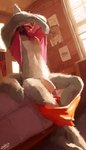 anthro big_penis black_nose bottomwear bottomwear_down clothed clothing fangs foreskin fur genitals grey_body grey_fur male morning navel partially_clothed penis raised_clothing raised_shirt raised_topwear shirt shorts shorts_down sitting solo teeth tongue tongue_out topwear undressing sidekick beastars legoshi_(beastars) canid canine canis mammal wolf 4:7 hi_res