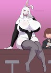 ambiguous_gender armwear bartender big_breasts bow_tie breasts brown_body choker cleaning clothing coat container cup detached_sleeves drinking_glass duo female fur furniture glass glass_container glass_cup horn huge_breasts jewelry legwear long_ears necklace sitting stool table thigh_highs topwear white_body white_fur wine_glass lemonbizate undertale undertale_(series) frisk_(undertale) toriel boss_monster_(undertale) human mammal absurd_res hi_res