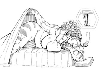 anthro bedding blanket breasts claws feathers female half-closed_eyes looking_at_viewer narrowed_eyes navel nude solo thick_thighs krocoart_116 it-rex cleopatra_(casimyrcsko) dinosaur prehistoric_species reptile saurischian scalie theropod tyrannosaurid tyrannosauroid tyrannosaurus tyrannosaurus_rex 2026 4:3 hi_res monochrome