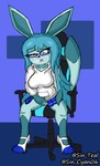 anthro big_breasts blue_body blue_eyes blush bodily_fluids breasts clothed clothing eyewear female footwear fur genital_fluids genitals hair masturbation open_mouth pussy simple_background solo sin_teal nintendo pokemon neelu_(sin_cyan06) canid canine eeveelution fox generation_4_pokemon glaceon mammal pokemon_(species) absurd_res digital_media_(artwork) hi_res