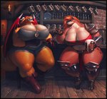 anthro armor belly big_breasts black_border border breasts cleavage clothed clothing curvy_figure drinking duo ear_piercing ear_ring female horn huge_breasts huge_thighs membrane_(anatomy) membranous_wings navel overweight overweight_female piercing ring_piercing smile tail tavern text thick_thighs voluptuous wide_hips wings patacon mythology neesha_(pilpil) dragon hyena mammal mythological_creature mythological_scalie scalie 2022 absurd_res detailed digital_media_(artwork) english_text hi_res shaded