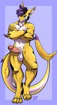 anthro balls barefoot biped blue_eyes ear_piercing erection feet genitals hair industrial_piercing male nude penis piercing purple_hair solo yellow_body candy.yeen mims_(boobookazoo) fish marine shark 2022 absurd_res hi_res