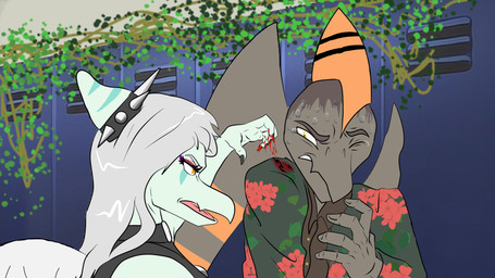 annoyed anthro biped black_clothing black_crop_top black_shirt black_topwear blood blood_on_clothing blood_on_hand blue_body bodily_fluids bone bone_frill brown_body brown_hair claws clothed clothed_anthro clothed_female clothed_male clothing crop_top duo feathered_wings feathers female finger_claws fingers floral_print frill_(anatomy) glare glaring_at_another grey_body grey_feathers grey_hair grimace hair hallway humanoid_hands inside jacket jewelry locker long_hair looking_at_another male markings necklace one_eye_closed open_mouth orange_eyes pain pained_expression plant shirt short_hair skull striped_markings stripes sweat sweatdrop topwear torn_jacket vines wings yellow_eyes fuegosonic93 goodbye_volcano_high ko_op_(game_developer) fang_(gvh) naser_(gvh) prehistoric_species pterosaur reptile scalie 16:9 hi_res widescreen brother_(lore) brother_and_sister_(lore) sibling_(lore) sister_(lore)