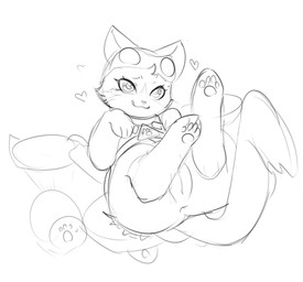 anus butt ears_up female female_feral feral genitals heart_symbol jet_pack lying on_back pawpads presenting presenting_hindquarters presenting_vulva smile solo tail tongue tongue_out vulva kekitopu blizzard_entertainment overwatch fika_(overwatch) domestic_cat felid feline felis mammal 2026 digital_drawing_(artwork) digital_media_(artwork) guide_lines hi_res monochrome sketch