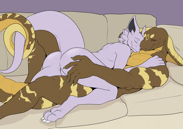 anthro anthro_on_anthro butt butt_grab cuddling detailed_background duo entwined_tails eyes_closed furniture hand_on_butt interspecies larger_anthro larger_male long_tail lying lying_on_another male male/male male_anthro male_on_bottom male_on_top nude on_back on_bottom on_sofa on_top romantic romantic_couple side_view size_difference smaller_anthro smaller_male smile snake_hood snout sofa straddling tail tail_coil tan_stripes weskers cepheus_(lieutenantskittles) xigmund_(xainrussell) cobra elapid_(snake) king_cobra kobold reptile scalie snake 2023 flat_colors hi_res