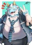 anthro belly blue_body blush eyebrows facial_hair gesture hair hand_gesture horn male mature_male necktie overweight smile solo thick_eyebrows v_sign white_hair kt0414143919 lifewonders mythology tokyo_afterschool_summoners qinglong_(tas) dragon mythological_creature mythological_scalie scalie 2024 hi_res