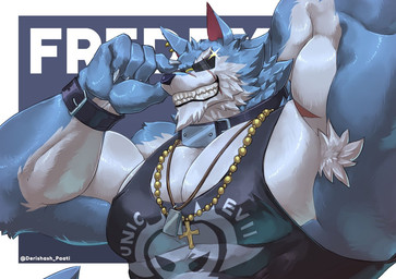 anthro arm_scar armpit_hair barazoku beaded_jewelry beaded_necklace beads biceps black_clothing black_shirt black_tank_top black_topwear black_wristband blue_body blue_fur body_hair claws clothing dog_tags eye_scar eyewear facial_scar finger_claws fur gold_(metal) gold_jewelry gold_necklace hand_behind_head jewelry lip_scar male multicolored_body multicolored_fur muscular muscular_anthro muscular_male necklace pecs print_clothing print_shirt print_tank_top print_topwear scar shirt smile solo sunglasses tank_top text topwear two_tone_body two_tone_fur white_body white_fur wristband derishasm_paati hiu_kentang dislyte lilith_games freddy_(dislyte) canid canine canis mammal wolf 2026 artist_name character_name