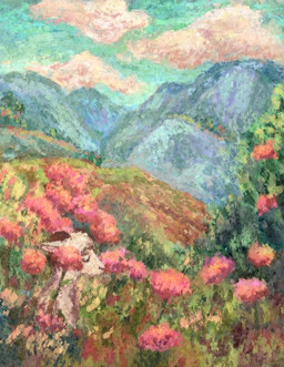 anthro cloud eyes_closed flower fur grass hill horn male mountain outside plant sky solo tree wool_(fur) reynard_goodfellow reynard_the_baa bovid caprine mammal sheep