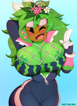 accessory big_breasts blush bodysuit breasts clothed clothing eyewear female flower flower_(anatomy) food fruit goggles green_body green_nipples green_skin hair_accessory head_flower leaf leaf_hair melon nipple_slip nipples not_furry one_eye_closed plant plant_hair pseudo_hair simple_background skinsuit solo tight_clothing watermelon wide_hips wink hotkeke1 blaster_master kanna_(blaster_master) elemental_creature elemental_humanoid flora_fauna humanoid plant_humanoid 2019 hi_res