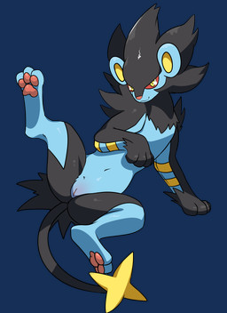 black_body black_fur blue_body feet female feral fur genitals looking_at_viewer pawpads paws red_sclera simple_background solo tail vulva white_background yellow_eyes yttriumi2f nintendo pokemon generation_4_pokemon luxray pokemon_(species) 2025 absurd_res hi_res