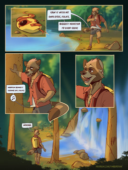 anthro backpack bottomwear clothed clothing dialogue electronics footwear forest fur heart_symbol jewelry lake male musical_note musical_symbol nature open_mouth outside pendant plant radio shirt shoes shorts smile socks speech_bubble standing symbol tail teeth text tongue tongue_out topwear tree water waterfall timberdonk rhys_(timberdonk) mammal procyonid raccoon reptile scalie snake 3:4 comic digital_media_(artwork) english_text hi_res