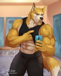 after_exercise anthro arm_tuft athletic athletic_anthro athletic_male beard biceps black_nose blue_eyes blurred_background bottomwear cellphone claws clothed clothing clothing_lift detailed_background electronics eyebrows facial_hair facial_tuft fangs fur gym hair head_tuft holding_object holding_phone inside locker locker_room looking_ahead male muscular muscular_anthro muscular_male pants particles phone pupils selfie shirt shirt_lift slit_pupils smartphone solo tail tail_tuft teeth topwear tuft yellow_body yellow_fur k9_meta canid canine canis mammal wolf absurd_res hi_res watermark