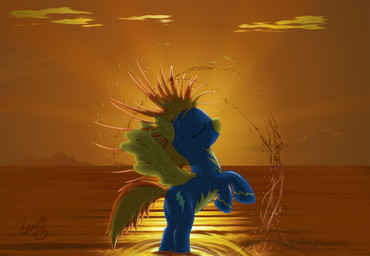 clothed clothing cloud cutie_mark eyes_closed feathered_wings feathers female feral fur hair multicolored_hair outside sky solo suit sunset tail two_tone_hair water wet wings yellow_body yellow_feathers yellow_fur skipsy friendship_is_magic hasbro my_little_pony mythology spitfire_(mlp) wonderbolts_(mlp) equid equine mammal mythological_creature mythological_equine pegasus absurd_res hi_res
