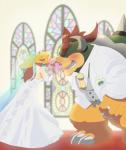 2016 anthro blonde_hair blush bottomless bowser clothed clothing crown dress duo eyes_closed female flower hair headgear horn human jewelry koopa long_hair male mammal mario_bros necklace necktie nintendo plant ponytail princess_peach red_hair rose_(flower) scalie shell spikes suit wedding_dress zabumaku