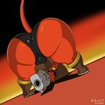 1:1 aiming_at_viewer anthro bent_over big_butt boots bulge bulge_from_behind butt clothing demon footwear fur gremile_'hotshot' gun handgun hi_res imp jonswell kings_of_hell looking_through looking_through_legs male pistol ranged_weapon red_body red_eyes red_fur solo weapon yellow_sclera