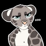 anthro black_background ellipsis featureless_chest female fur green_eyes grey_body grey_fur markings simple_background solo spots spotted_body spotted_fur white_body white_fur smileeeeeee ess_(smileeeeeee) felid feline leopard mammal pantherine digital_media_(artwork) reaction_image