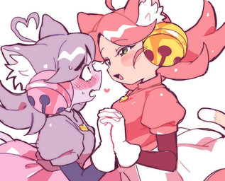ahoge animal_ears blush bodily_fluids clothed clothed_female clothed_humanoid clothing duo eye_contact female female/female fully_clothed fully_clothed_female fully_clothed_humanoid gloves hair hair_bell hand_holding handwear heart_necklace inner_ear_fluff interlocked_fingers looking_at_another pink_clothing pink_hair pink_topwear purple_body purple_clothing purple_hair simple_background sweat tail topwear tuft white_background white_clothing white_gloves white_handwear pikobi222 undertale_(series) irritable_ghost_(deltarune) mew_mew_(undertale) pink_(deltarune) animal_humanoid cat_humanoid felid felid_humanoid feline feline_humanoid humanoid mammal mammal_humanoid 2026 hi_res