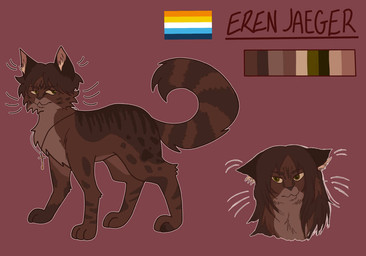 alternate_species ambiguous_gender aroace_pride_colors brown_body brown_fur brown_markings feral feral_with_hair feralized fluffy fur hair jewelry key key_necklace lgbt_pride markings necklace pride_colors solo spots stripes texidex attack_on_titan eren_jaeger felid feline mammal 2023 model_sheet male_(lore)