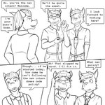 1:1 anthro black_and_white clothed clothing collared_shirt comic dialogue dragon english_text eyewear felid fully_clothed fuze fuzedragon glasses group hi_res lanyard male mammal monochrome mythological_creature mythological_scalie mythology necktie scalie text trio