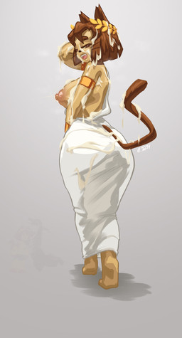 anthro areola barefoot big_breasts big_butt black_nose bodily_fluids breasts brown_areola brown_body brown_eyes brown_fur brown_hair brown_nipples butt clothed clothing cum cum_covered eyelashes feet female fur genital_fluids greek_clothing greek_toga grey_background hair hand_behind_head heart_eyes heart_symbol lactating laurel_wreath looking_at_viewer looking_back looking_back_at_viewer messy narrowed_eyes nipples open_mouth rear_view short_hair simple_background solo tail thick_thighs toga topless whiskers white_clothing wide_hips yellow_sclera tap34 gameoverse glitch_productions kit_bodega domestic_cat felid feline felis mammal 2026 full-length_portrait hi_res portrait