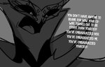 angry anthro avian bird dialogue english_text grey_background helluva_boss hi_res male monochrome offscreen_character owl owl_demon paimon_(helluva_boss) simple_background solo teathekook text white_text yelling