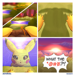 after_transformation all_fours black_body black_fur dialogue female feral first_person_view forest fur grass looking_at_reflection outside plant pond profanity red_cheeks reflection running shadow solo sunrise text tree water yellow_body yellow_fur ikuvaito nintendo pokemon pokemon_mystery_dungeon spike_chunsoft generation_1_pokemon mammal pikachu pokemon_(species) rodent 1:1 comic english_text hi_res