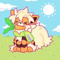 ambiguous_gender black_nose blonde_hair brown_markings carrot cute_fangs day eyes_closed fangs feral food food_in_mouth fur green_scarf hair markings on_ground orange_body orange_fur outside plant scarf sitting solo tail teeth vegetable kingsillysmilez nintendo pokemon felix_(kingsillysmilez) arcanine generation_1_pokemon pokemon_(species) 1:1 2026 colored digital_drawing_(artwork) digital_media_(artwork) flat_colors