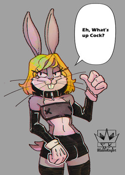 anthro blonde_hair bottomwear buckteeth bulge clothing collar dialogue femboy fur gloves grey_background grey_body grey_fur hair handwear male navel pasties shorts simple_background solo tail teeth text white_clothing white_gloves white_handwear goblinkingart looney_tunes warner_brothers bugs_bunny lagomorph leporid mammal rabbit 2025 digital_media_(artwork) english_text