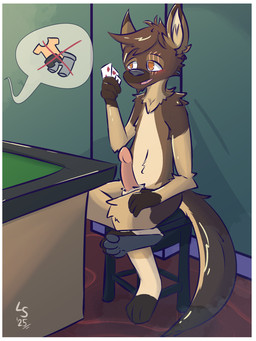anthro brown_body brown_fur brown_hair card erection eye_scar facial_scar fluffy full_foot_pawpads full_pad fur gambling genitals grey_pawpads grey_soles hair male orange_eyes pawpads paws penis plantigrade playing_card poker scar strip_poker tail tan_body tan_fur lavakey_(artist) ra'zim gulonine hybrid kangaroo macropod mammal marsupial marten mustelid musteline sable_(marten) 2025 3:4 hi_res