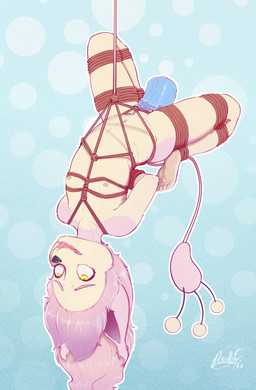 anthro areola bdsm big_dildo black_nose bodily_fluids bondage bound dildo dildo_in_vagina dildo_insertion ear_tuft eye_roll eyebrows female flat_chested fur genital_fluids genitals hair humanoid_genitalia humanoid_vulva looking_pleasured multicolored_body multicolored_fur navel nipples nude open_mouth penetration pink_body pink_fur pink_hair plantigrade restraints rope rope_bondage rope_harness sex_toy sex_toy_in_vagina sex_toy_insertion simple_background solo suspension suspension_bondage tan_body tan_fur teeth tongue tuft two_tone_body two_tone_fur upside_down vaginal vaginal_fluids vaginal_fluids_on_dildo vaginal_penetration vulva yellow_eyes young young_anthro young_female poulet-7 nintendo pokemon generation_3_pokemon pokemon_(species) skitty 2026 absurd_res hi_res