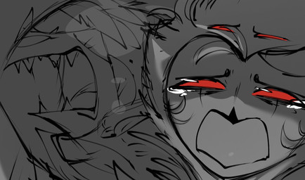 anthro bodily_fluids crying duo grey_background hair horn looking_down male red_eyes short_hair simple_background singing tears teathekook hellaverse helluva_boss blitzo_(helluva_boss) stolas_(helluva_boss) avian avian_demon bird demon imp owl owl_demon hi_res