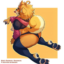anthro breast_tuft claws clothing crop_top eyewear feet female female_anthro fur glasses hindpaw inner_ear_fluff kneeling legwear panties pawpads paws shirt simple_background solo tail thigh_highs toe_claws tongue tongue_out topwear tuft underwear yellow_body yellow_fur orangedog meme_clothing paggi_outfit orange_(orangedog) canid canine canis domestic_dog mammal 1:1 2024 hi_res meme