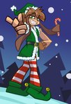 anthro brown_body brown_fur brown_hair candy candy_cane christmas_clothing clothed clothed_anthro clothed_male clothing dessert elf_costume food fur green_eyes hair holidays legwear looking_at_viewer male night pattern_clothing pattern_legwear prehensile_ears sharp_teeth solo striped_clothing striped_legwear stripes teeth aygee christmas woe_plague_be_upon_ye kheil_(supercell) lagomorph leporid mammal rabbit 2024 hi_res