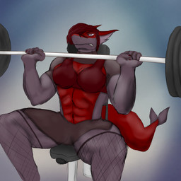 anthro clothing exercise female fishnet_clothing gym muscular solo weightlifting workout saenath fish marine shark 1:1 hi_res