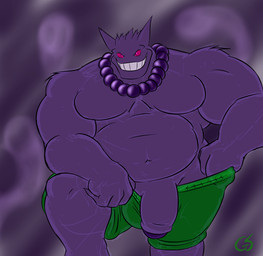 4_fingers anthro anthrofied arm_tuft balls biceps big_balls big_muscles big_penis boxer_briefs boxers_(clothing) bulge clothing fingers flaccid foreskin fur genitals green_clothing grin head_tuft huge_muscles humanoid_genitalia humanoid_penis inviting jewelry looking_at_viewer male manly musclegut muscular muscular_anthro muscular_arms muscular_male navel necklace no_sclera pecs penis pink_eyes pokemorph pose presenting presenting_penis purple_background purple_body purple_fur purple_penis simple_background smile solo standing teeth thick_penis toony tuft underwear undressing glaciersnow nintendo pokemon generation_1_pokemon gengar ghost pokemon_(species) spirit 2011 digital_media_(artwork) pinup portrait purple_theme signature three-quarter_portrait
