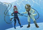 animal_ears armor bodysuit boots brown_hair cable cat_tail clothing diving diving_helmet diving_suit footwear gloves hair hand_on_hip handwear headgear helmet looking_at_another open_mouth shoes short_hair skinsuit smile tight_clothing underwater water kyriepoda hi_res