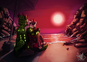 ambiguous_gender anthro beach clothed clothing duo female fur hair machine outside sand seaside sunset swimwear tail sjey_arts mythology jade_(radical_ruination) schist_alabaster canid canine dragon fox furred_dragon furred_scalie mammal mythological_creature mythological_scalie nardoragon robot scalie digital_media_(artwork) hi_res
