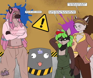 anthro bottomwear breasts clothed clothing dialogue dreadlocks dummy female fur group hair hat headgear headwear jacket male multi_tail open_mouth overalls pants piercing shirt silly smile tail text topwear trio berk_rider canid canine fox hyena mammal procyonid raccoon 2026 6:5 absurd_res english_text hi_res