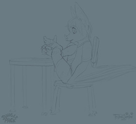 band-aid bandage bound chair clothed clothing drawing_(action) furniture holding_with_foot pencil_(object) side_view table young cobaltsynapse bat mammal monochrome sketch