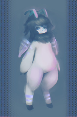 2_fingers ambiguous_gender anthro antlers black_fingers black_hair black_lips black_nose blue_eyes eyelashes featureless_chest featureless_crotch fingers frown hair horn kemono lips long_ears long_hair looking_at_viewer markings solo standing hasukii bovid caprine mammal character_request hi_res